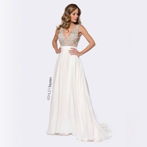 Ashley Lauren 1164 white ball gown with detachable over skirt